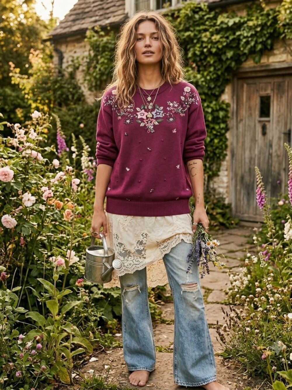 Vintage Tabi Purple Floral Embroidered Cotton Sweater Cottagecore L
